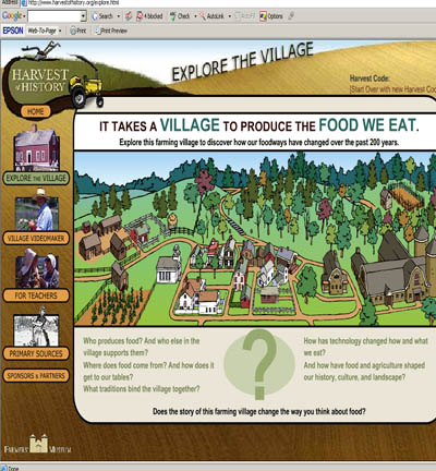 Fig 2: The opening page of &lsquo;Explore the Village&rsquo; in Harvest of History. http://www.harvestofhistory.org/explore.html